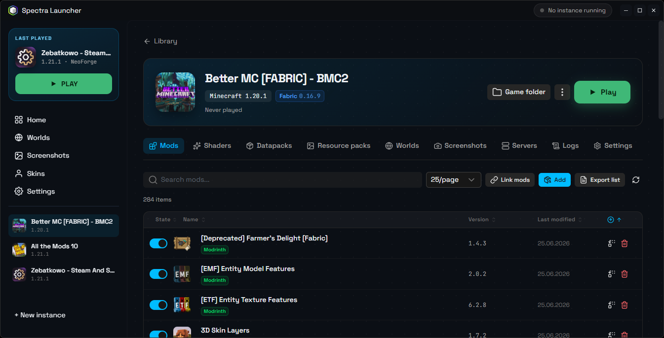 An instance page listing all installed mods with on/off toggles
