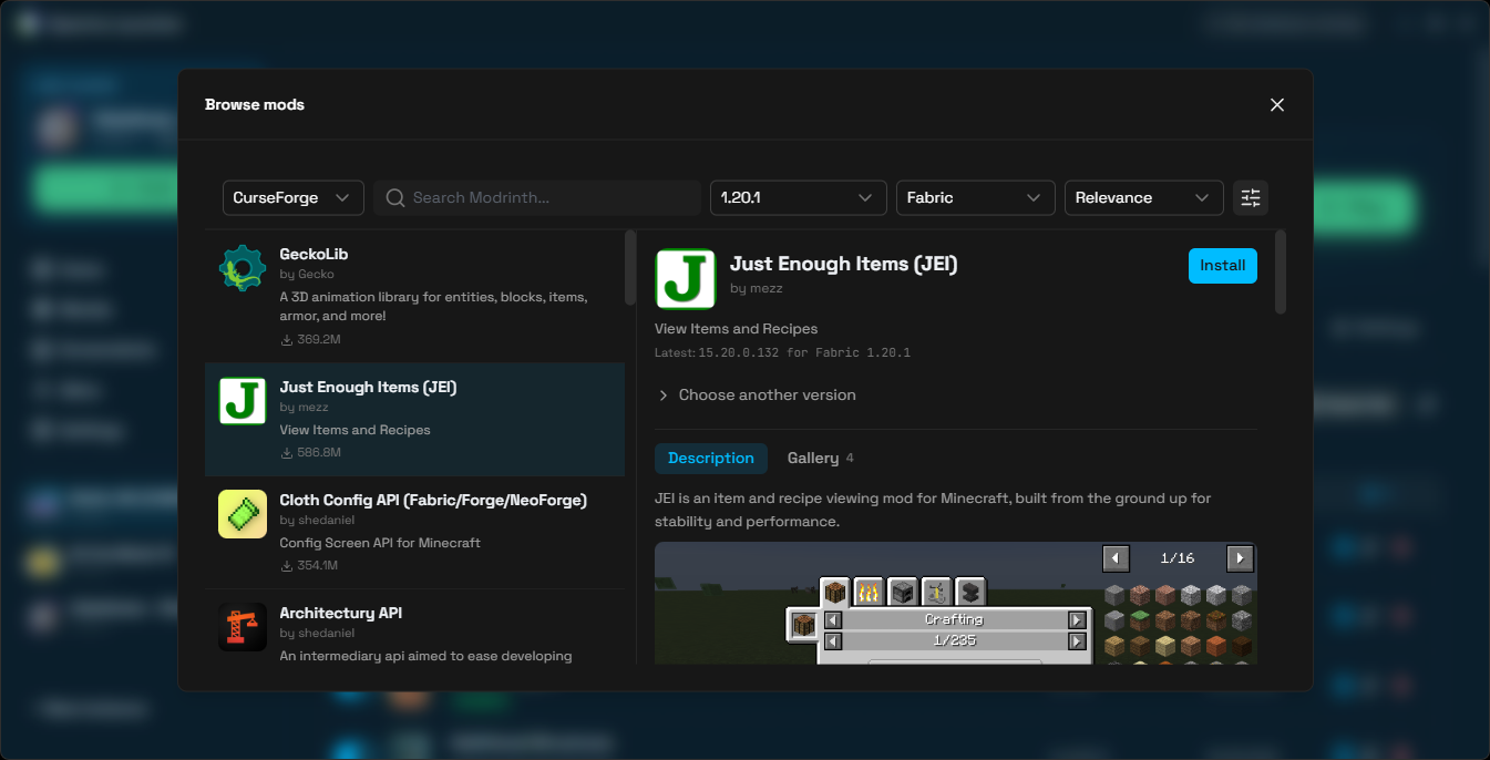 The same mod browser switched to the CurseForge source