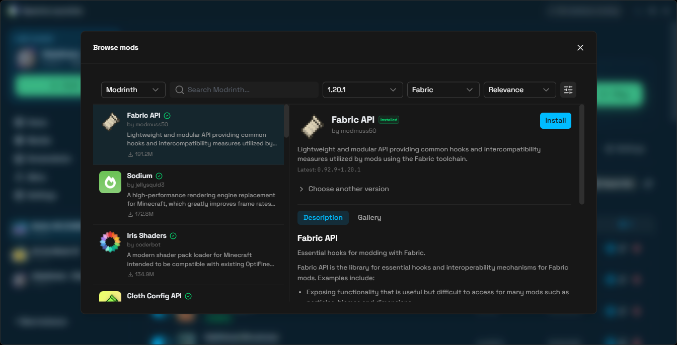 Built-in browser for searching and installing mods from Modrinth