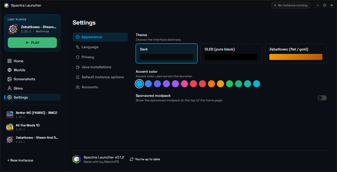Settings page with theme options and accent color picker