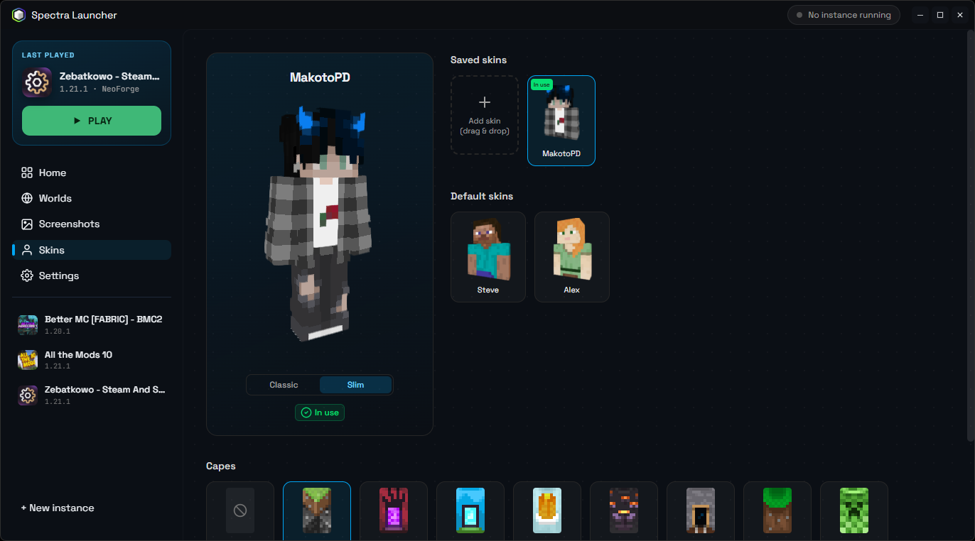 Skins page with a 3D character preview, saved skins and capes