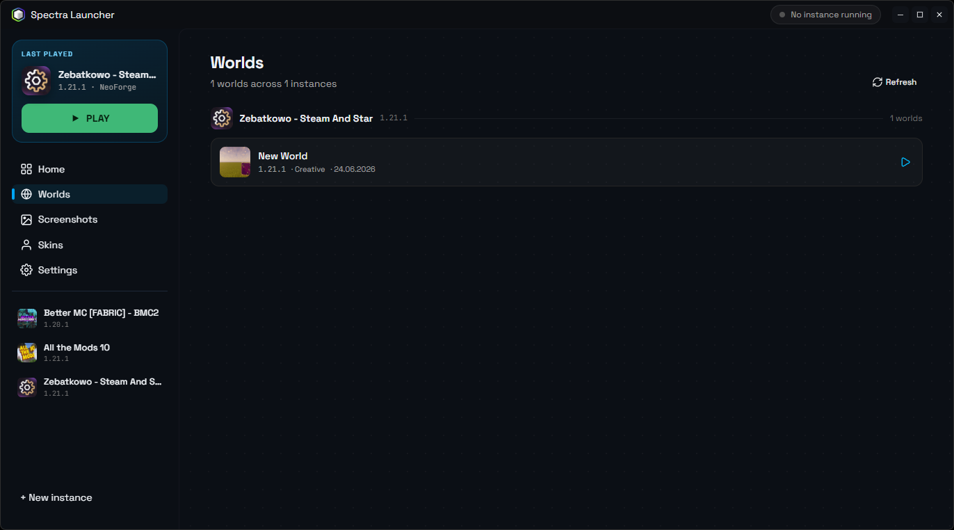 Worlds tab listing saved worlds from all instances